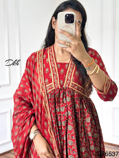 Kalamkari Special Rust Cotton 3-Piece Anarkali Suit with Bead & Sequin Detailing