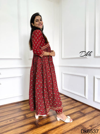 Kalamkari Special Rust Cotton 3-Piece Anarkali Suit with Bead & Sequin Detailing