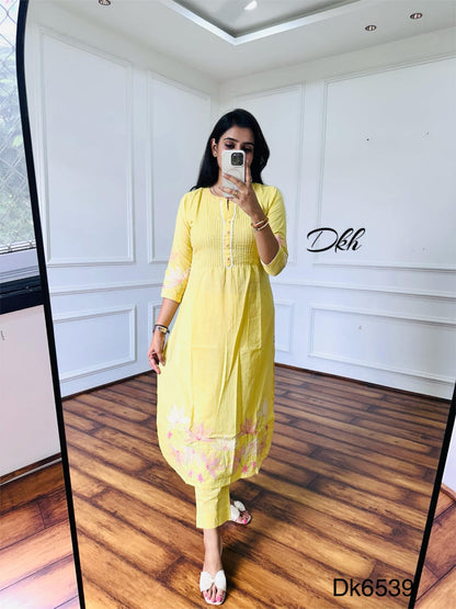 Elegant Yellow Cotton 3-Piece Suit Set with Embroidery & Crush Dupatta