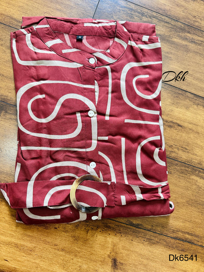 Trendy Maroon Rayon Printed Dress with Belt – Casual & Chic Style