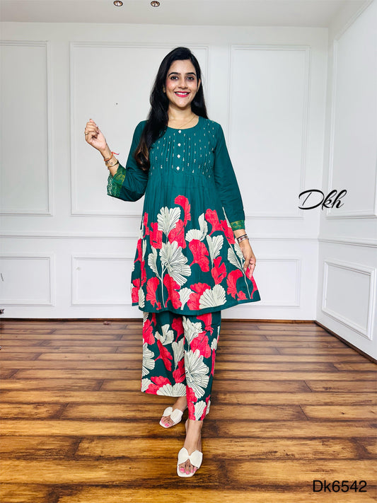 Teal Green Cotton Kurti & Palazzo 2-Piece Set with Floral Print and Crochet Lace