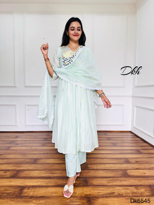 Elegant Mint Green Mul Chanderi 3-Piece Suit Set