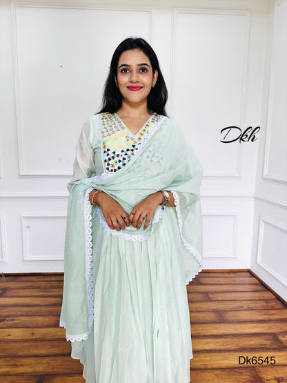Elegant Mint Green Mul Chanderi 3-Piece Suit Set