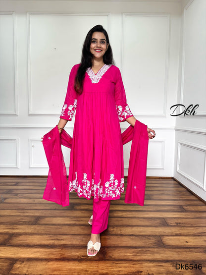 Bright Pink Mul Chanderi 3-Piece Suit Set with Embroidery