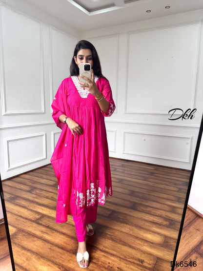 Bright Pink Mul Chanderi 3-Piece Suit Set with Embroidery
