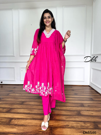 Bright Pink Mul Chanderi 3-Piece Suit Set with Embroidery