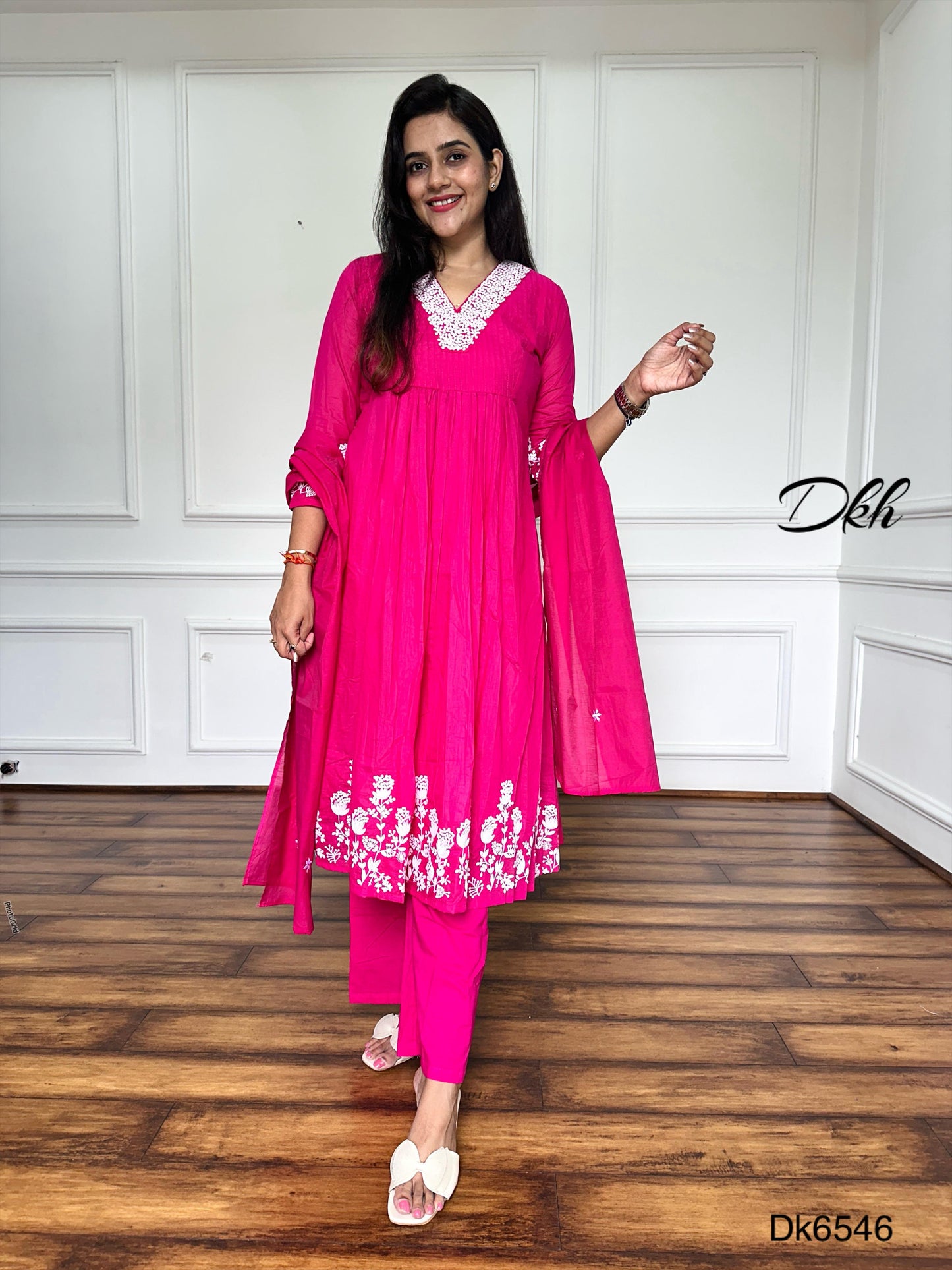 Bright Pink Mul Chanderi 3-Piece Suit Set with Embroidery