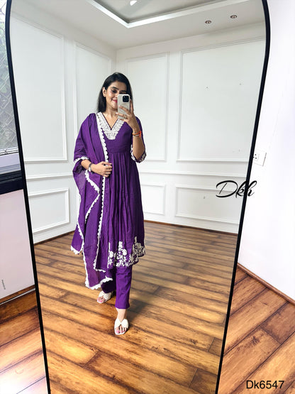 Bright Purple Mul Chanderi 3-Piece Suit Set with Embroidery