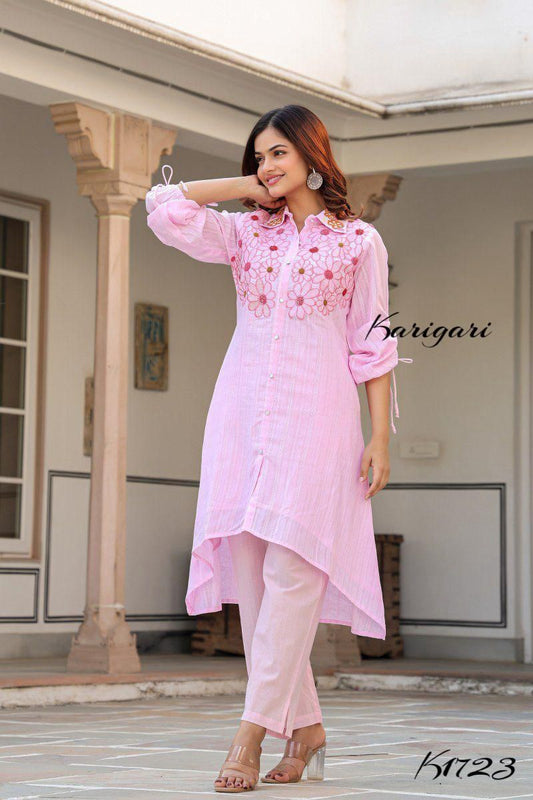“Self-Textured Cotton Kurti Pant Set – K1723