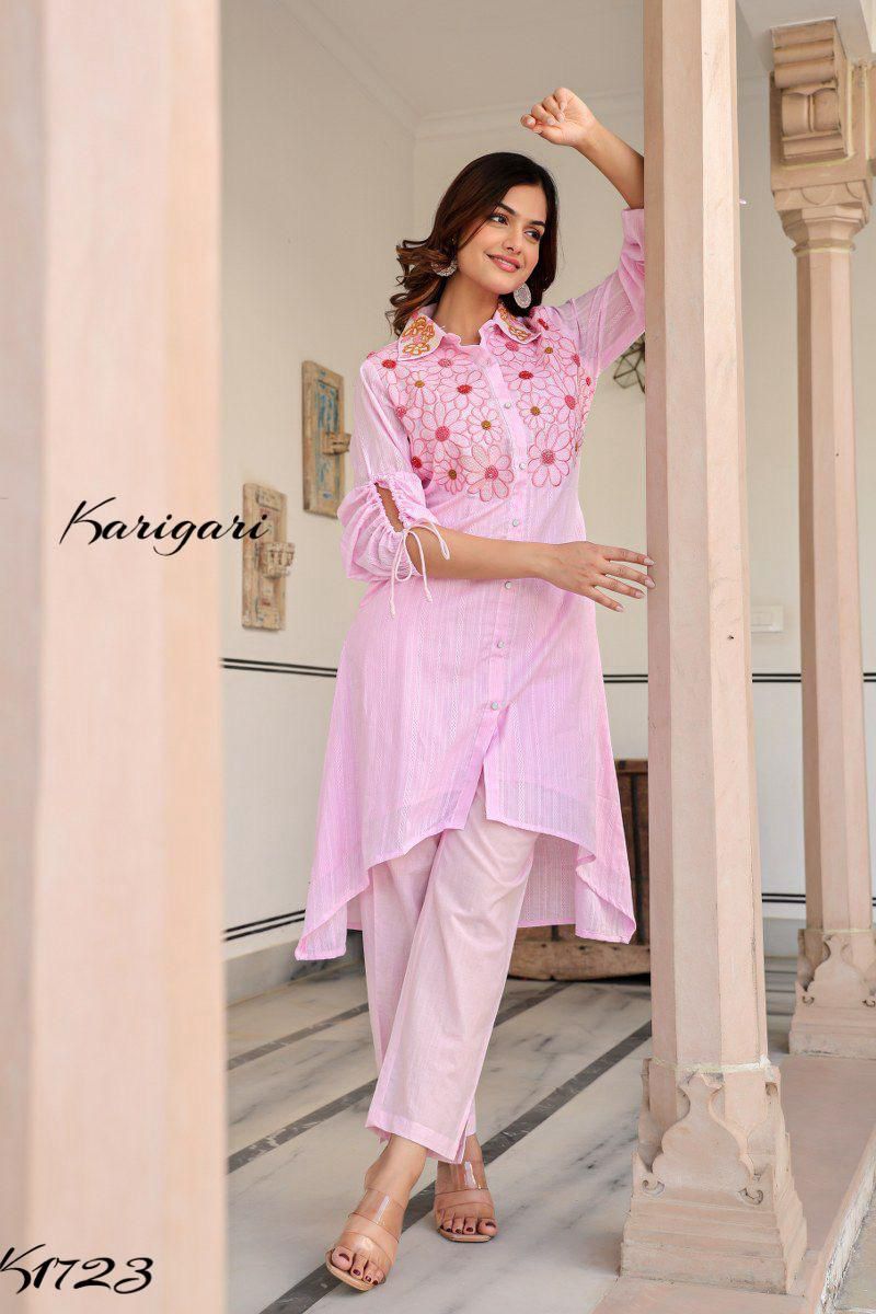 “Self-Textured Cotton Kurti Pant Set – K1723