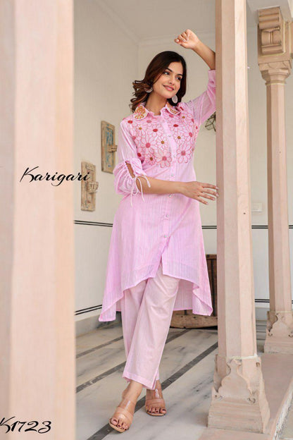 “Self-Textured Cotton Kurti Pant Set – K1723
