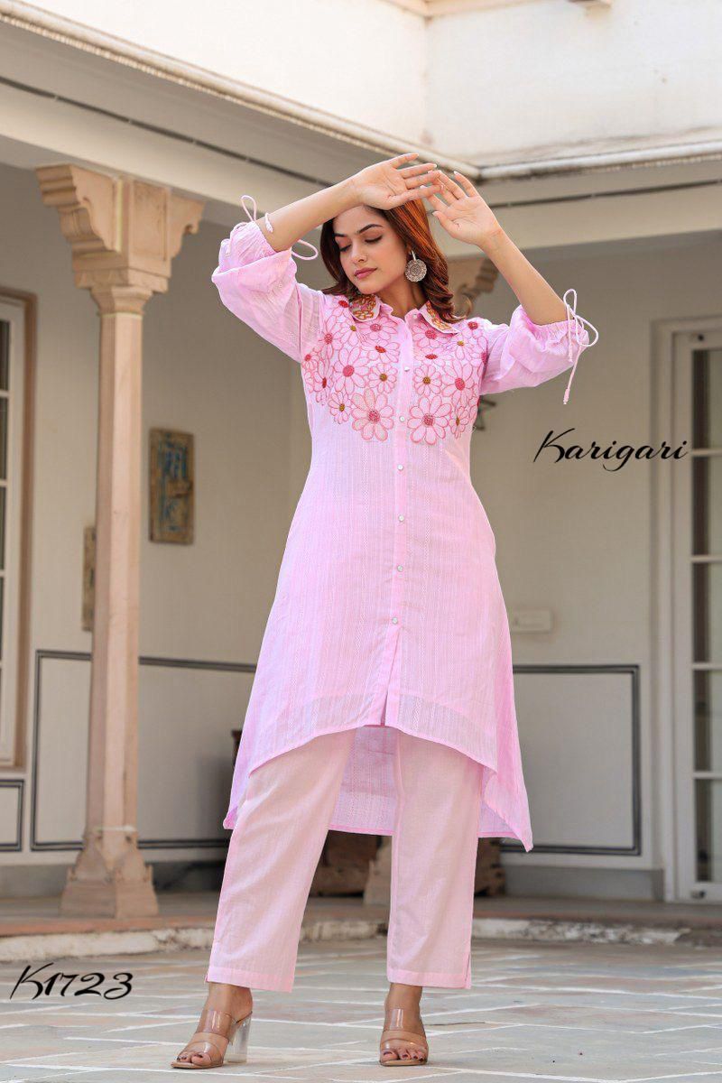 “Self-Textured Cotton Kurti Pant Set – K1723