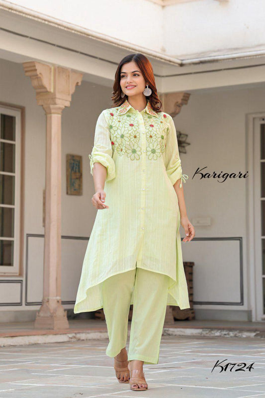 Light Green Cotton Self-Textured 2-Piece Set- K1724