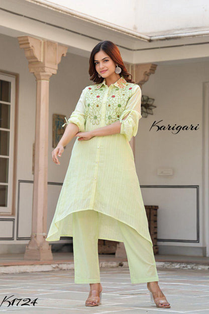 Light Green Cotton Self-Textured 2-Piece Set- K1724