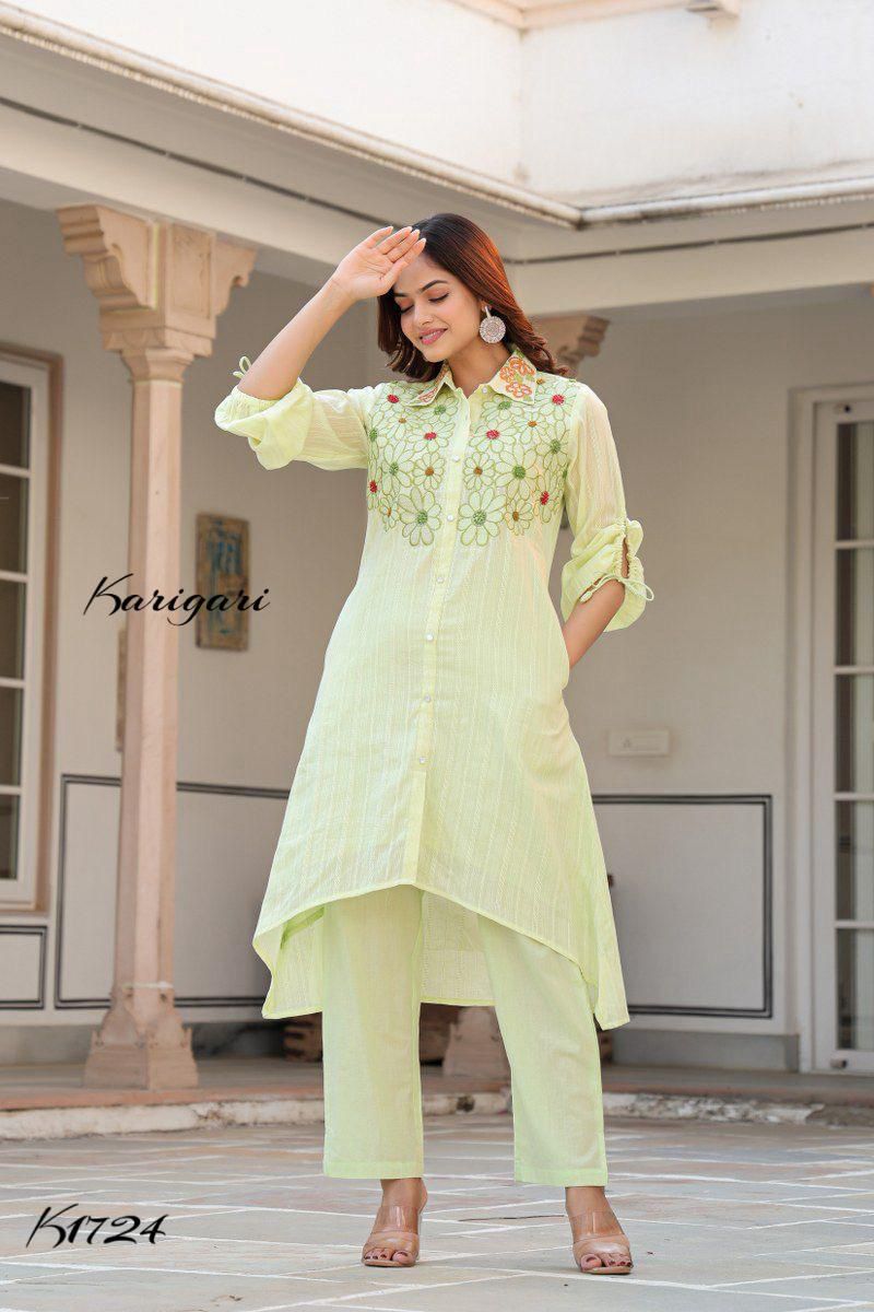 Light Green Cotton Self-Textured 2-Piece Set- K1724