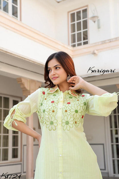 Light Green Cotton Self-Textured 2-Piece Set- K1724