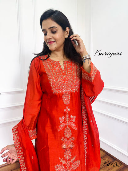 Trendy Rust Mul Chanderi 3-Piece Kurti Set
