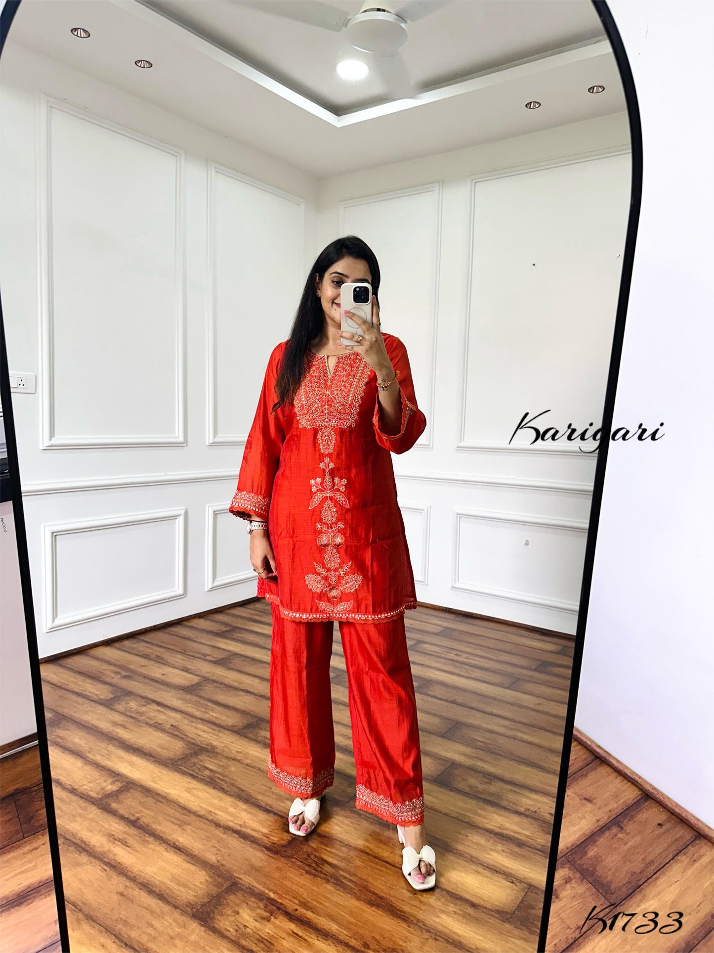 Trendy Rust Mul Chanderi 3-Piece Kurti Set