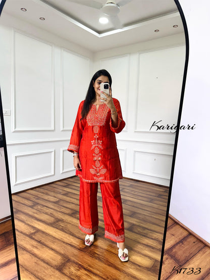 Trendy Rust Mul Chanderi 3-Piece Kurti Set