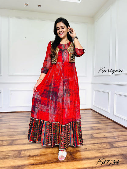 Elegant Rayon Printed Gown with Embroidered Mirror Work Jacket
