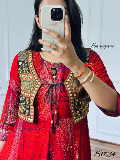 Elegant Rayon Printed Gown with Embroidered Mirror Work Jacket