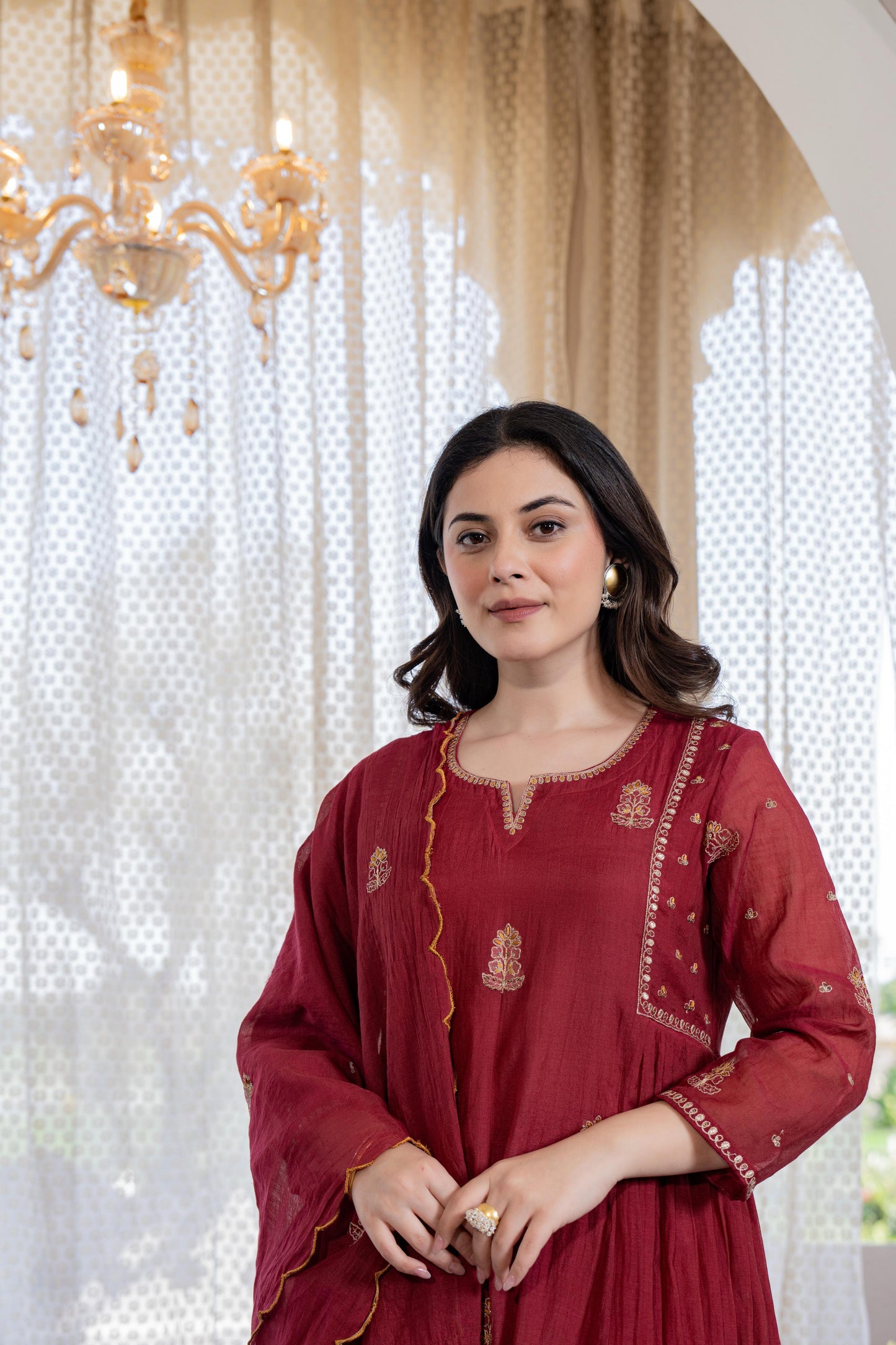 Mul Chanderi zari embroidered 3-pieice suit set in mahroon