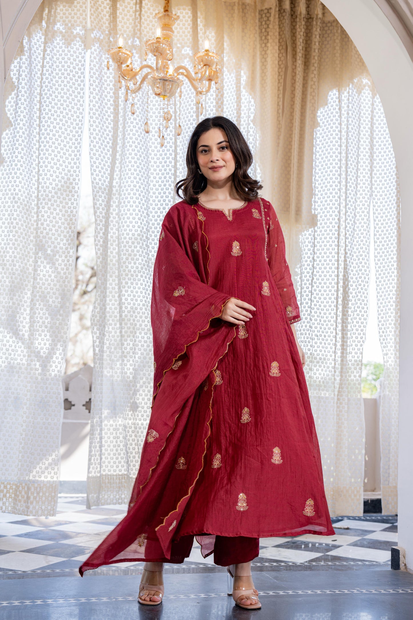 Mul Chanderi zari embroidered 3-pieice suit set in mahroon